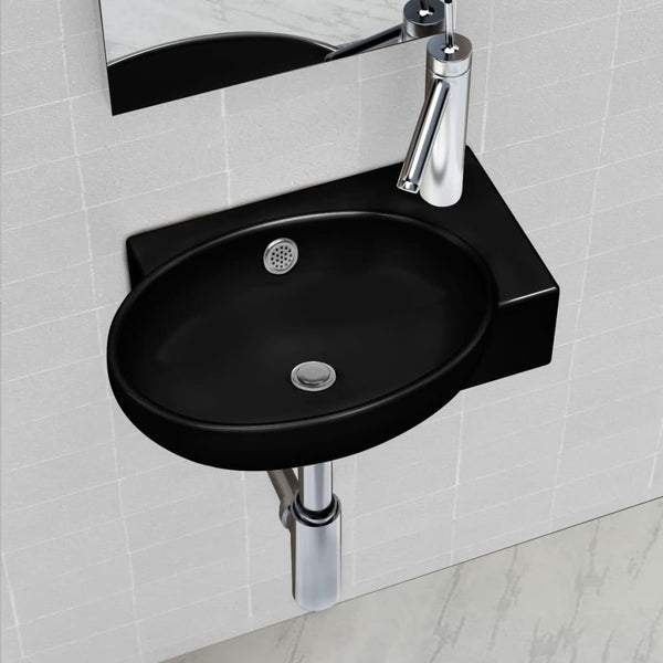 vidaXL Ceramic Basin with Faucet/Overflow Hole Black Round