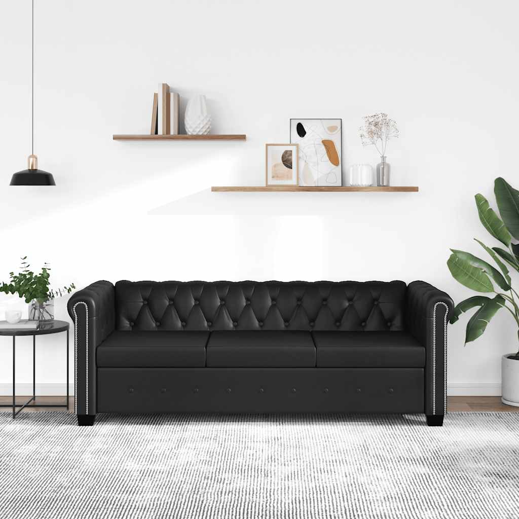 vidaXL Chesterfield 3-Seater Sofa Faux Leather Black
