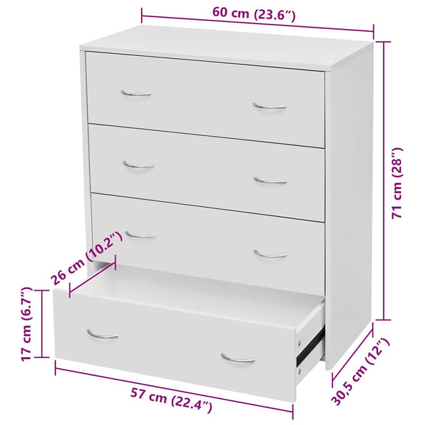 vidaXL Chest of Drawers with 4 Drawers 60x30.5x71 cm White