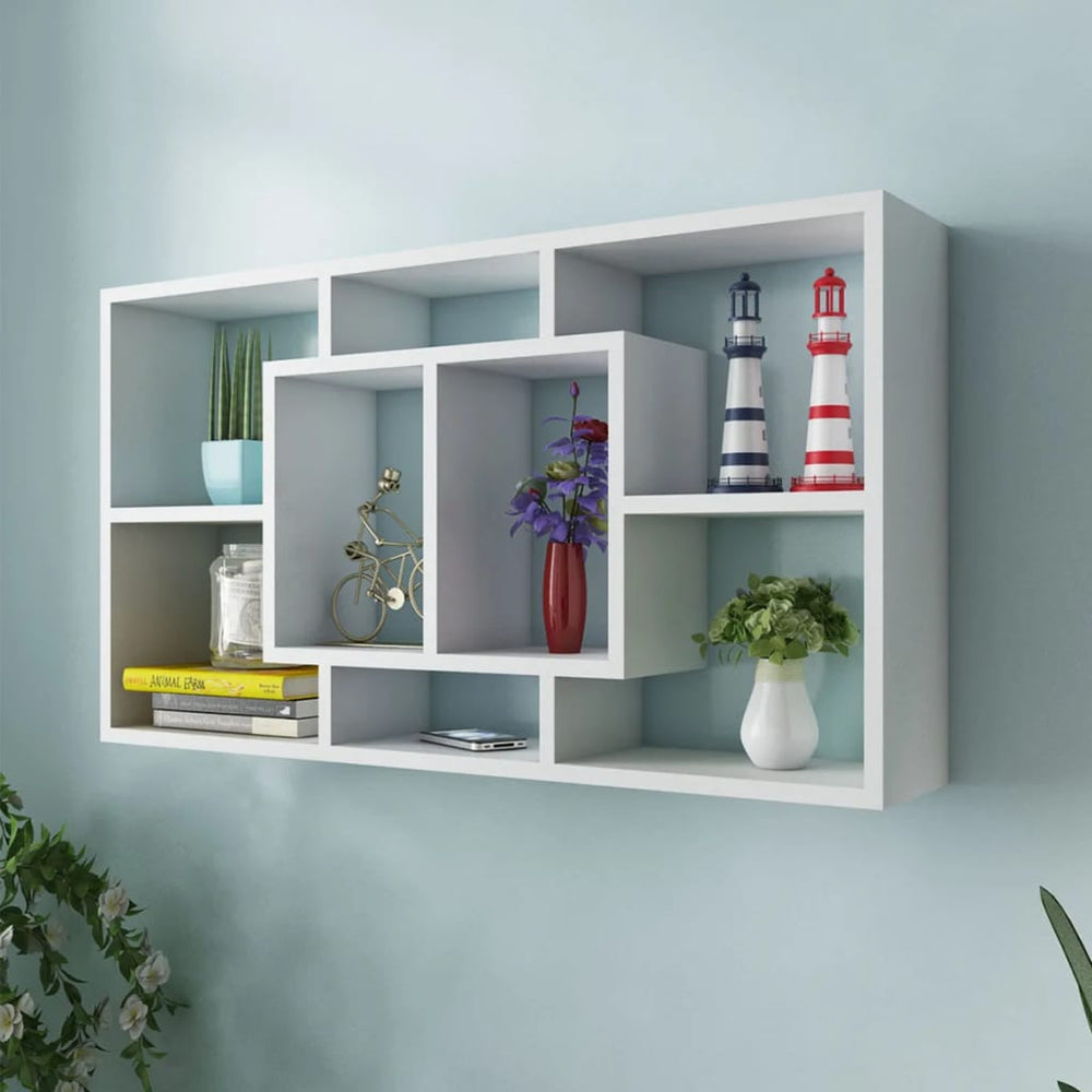 Wall-mounted hanging shelf with 8 compartments, white