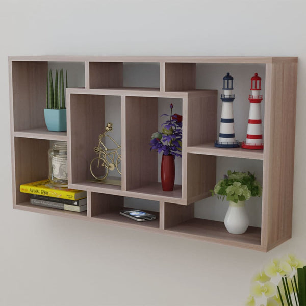 Wall shelf hanging shelf with 8 compartments oak color