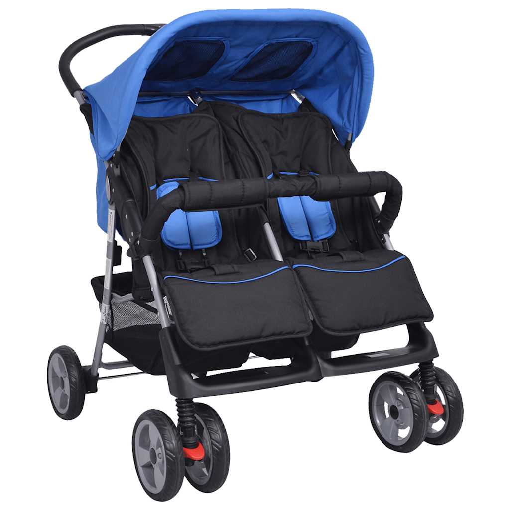 vidaXL Twin Stroller Steel Blue and Black