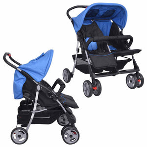 vidaXL Twin Stroller Steel Blue and Black