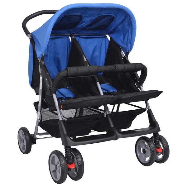 vidaXL Twin Stroller Steel Blue and Black