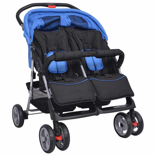 vidaXL Twin Stroller Steel Blue and Black