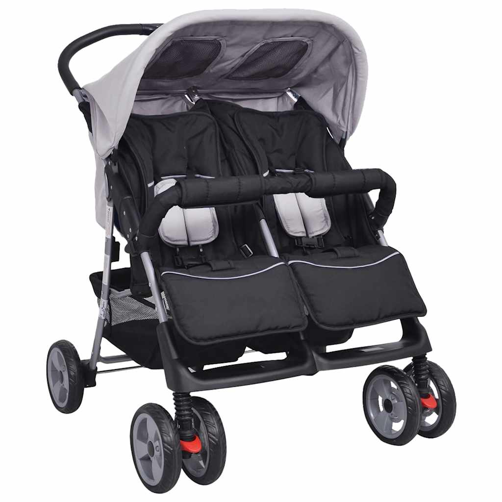 vidaXL Twin Stroller Steel Grey and Black