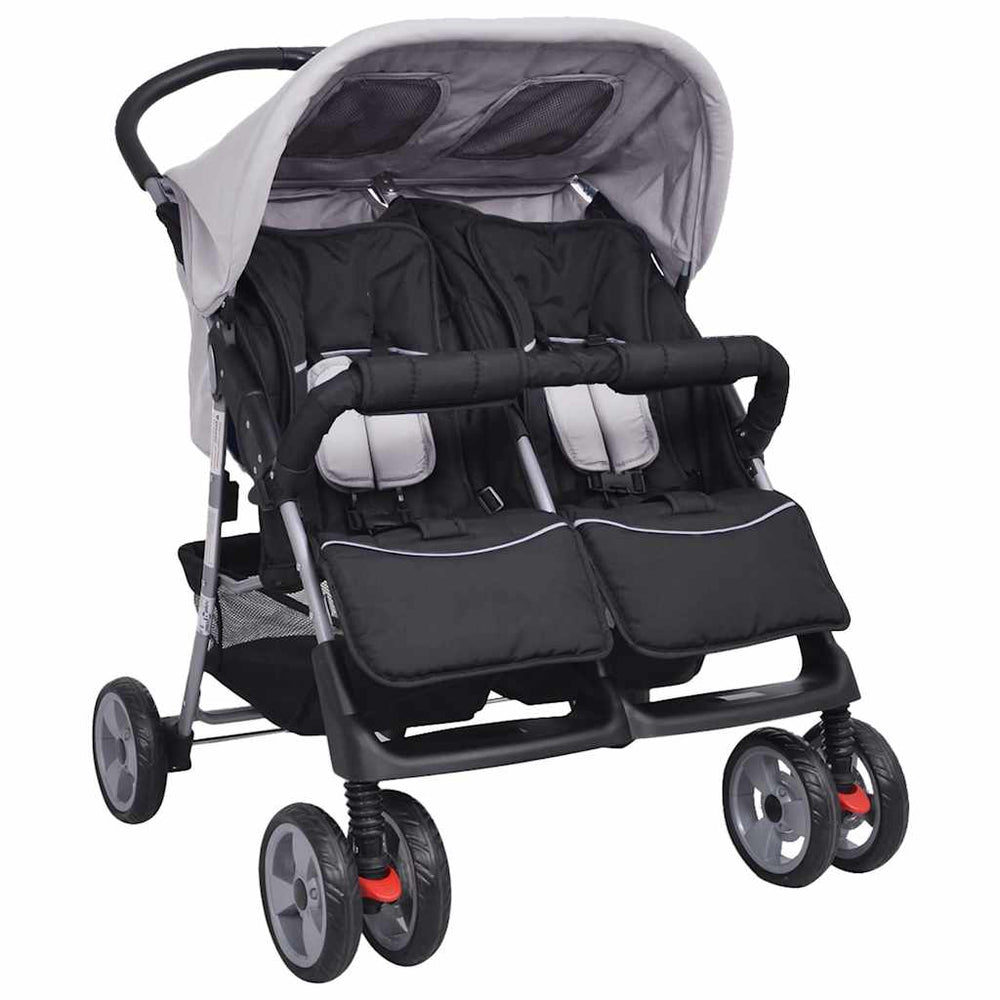 vidaXL Twin Stroller Steel Grey and Black