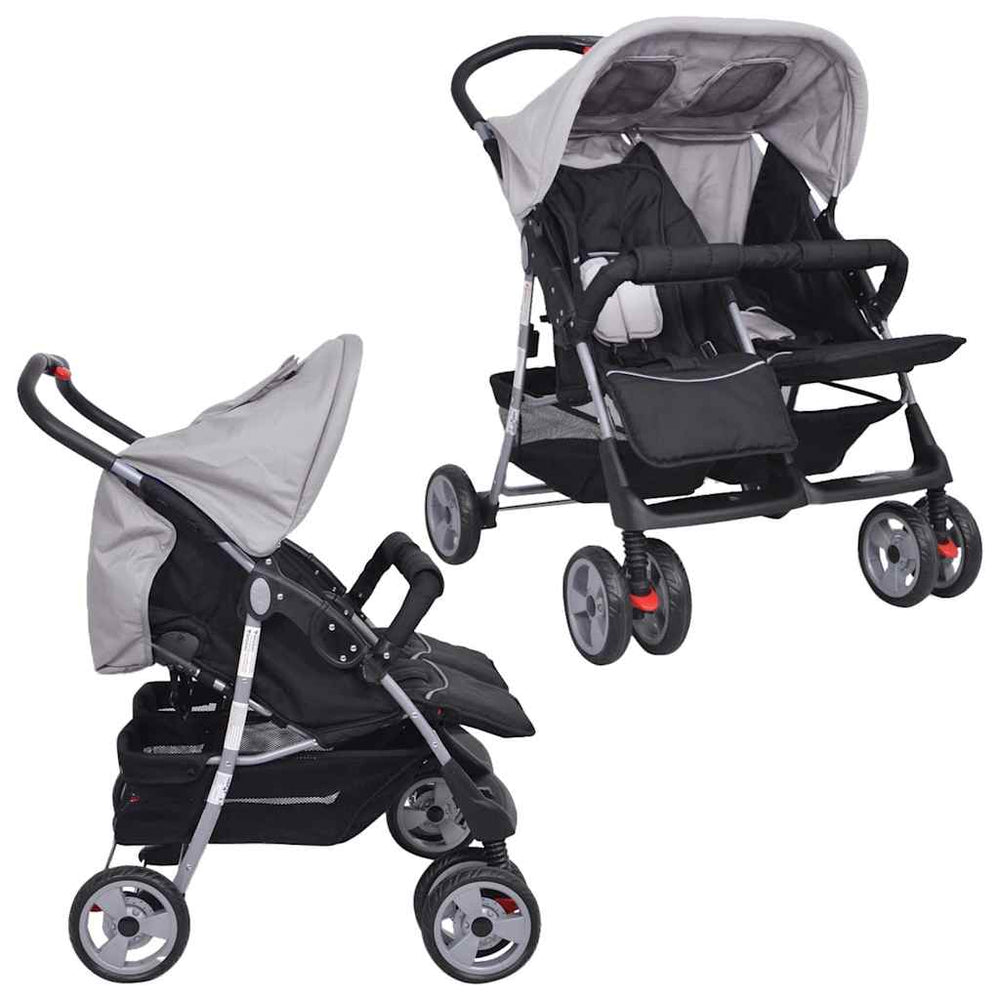 vidaXL Twin Stroller Steel Grey and Black