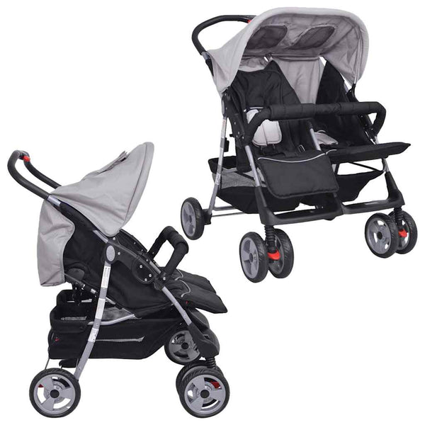 vidaXL Twin Stroller Steel Grey and Black