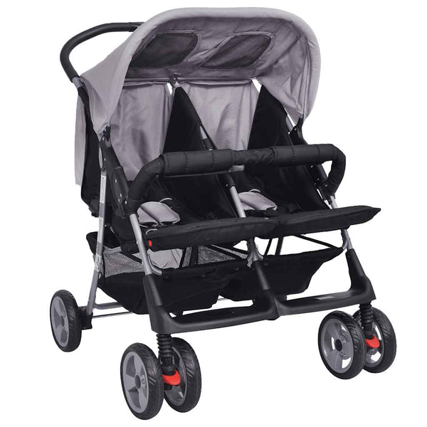 vidaXL Twin Stroller Steel Grey and Black