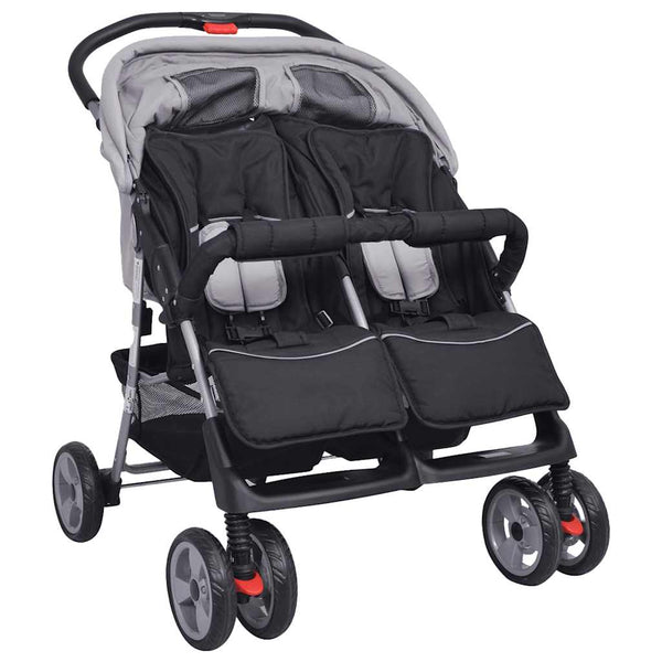 vidaXL Twin Stroller Steel Grey and Black