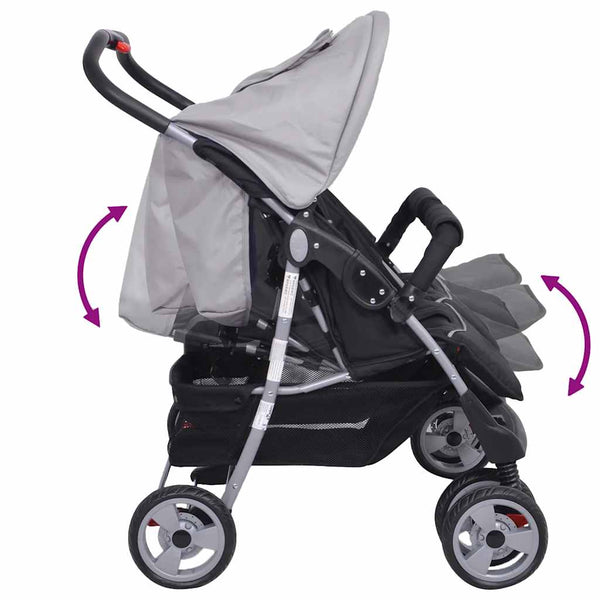 vidaXL Twin Stroller Steel Grey and Black