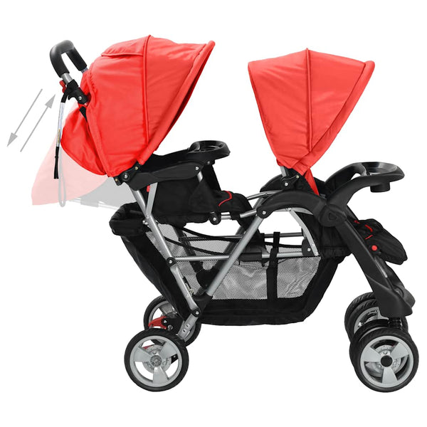 vidaXL Tandem Stroller Steel Red and Black