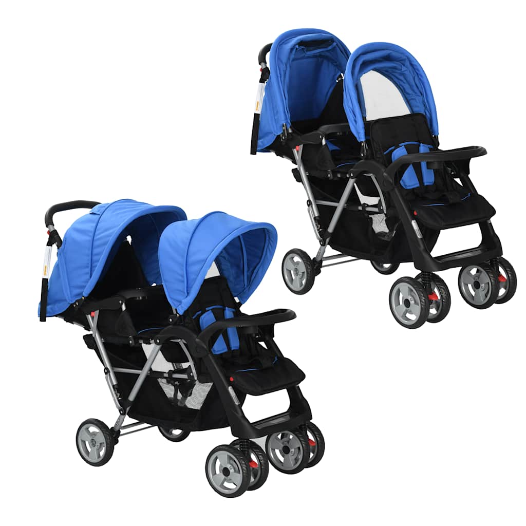 vidaXL Tandem Pushchair Steel Blue and Black