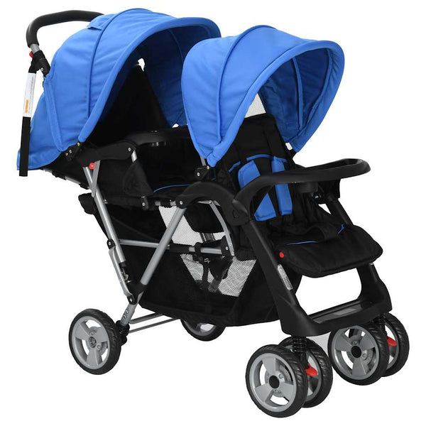 vidaXL Tandem Pushchair Steel Blue and Black