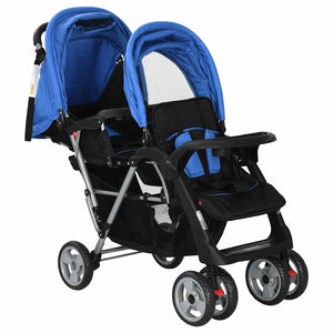 vidaXL Tandem Pushchair Steel Blue and Black