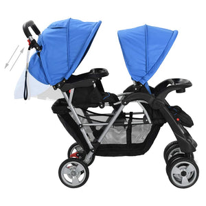 vidaXL Tandem Pushchair Steel Blue and Black