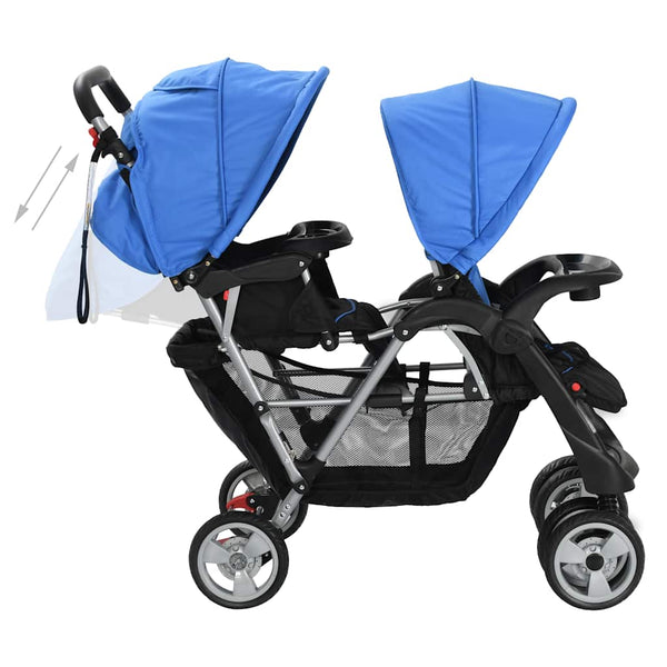 vidaXL Tandem Pushchair Steel Blue and Black