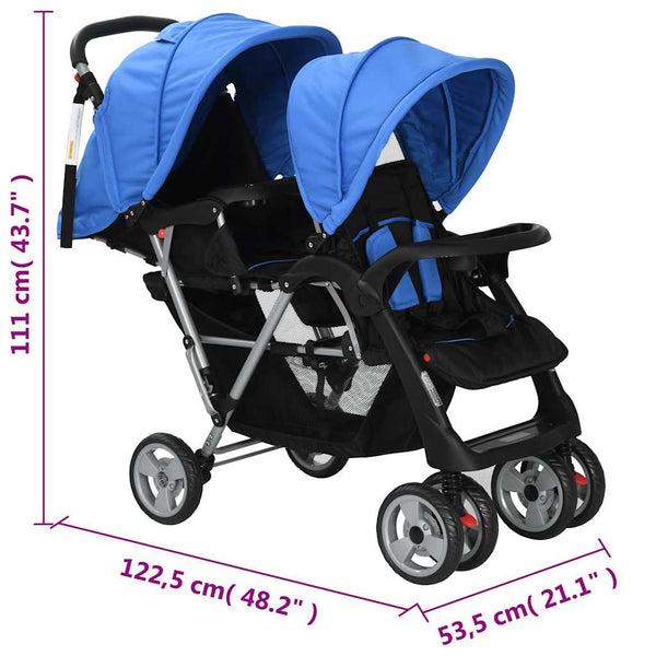 vidaXL Tandem Pushchair Steel Blue and Black