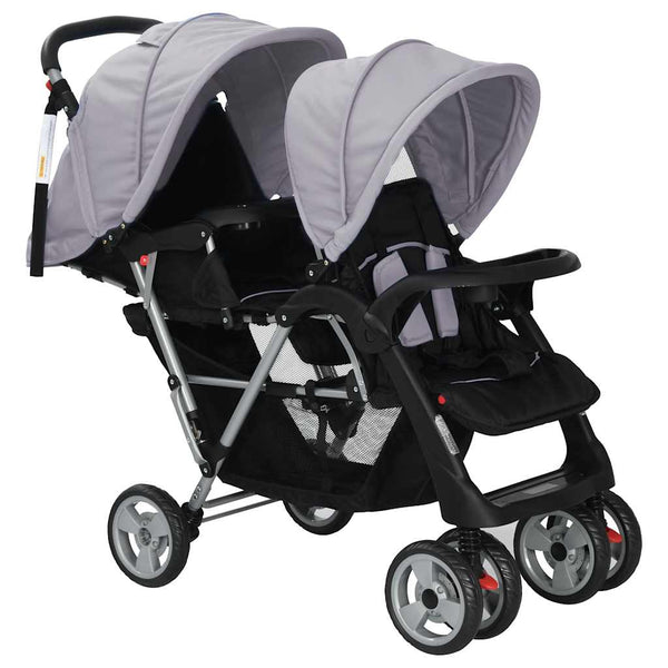 vidaXL Tandem Stroller Steel Grey and Black
