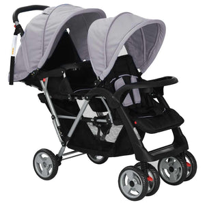 vidaXL Tandem Stroller Steel Grey and Black