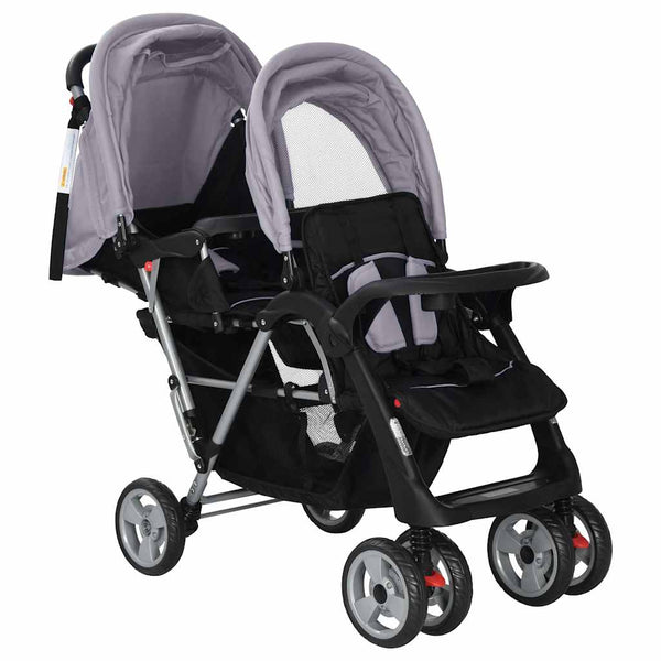 vidaXL Tandem Stroller Steel Grey and Black