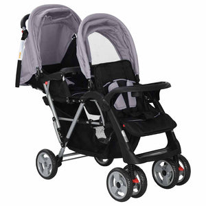 vidaXL Tandem Stroller Steel Grey and Black