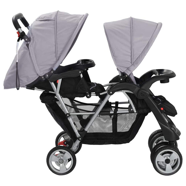 vidaXL Tandem Stroller Steel Grey and Black