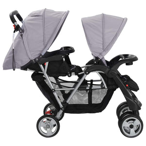 vidaXL Tandem Stroller Steel Grey and Black