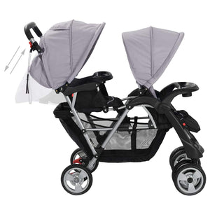 vidaXL Tandem Stroller Steel Grey and Black