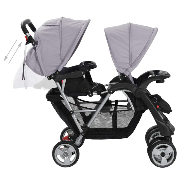 vidaXL Tandem Stroller Steel Grey and Black