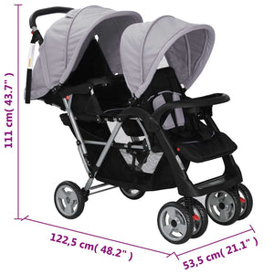 vidaXL Tandem Stroller Steel Grey and Black
