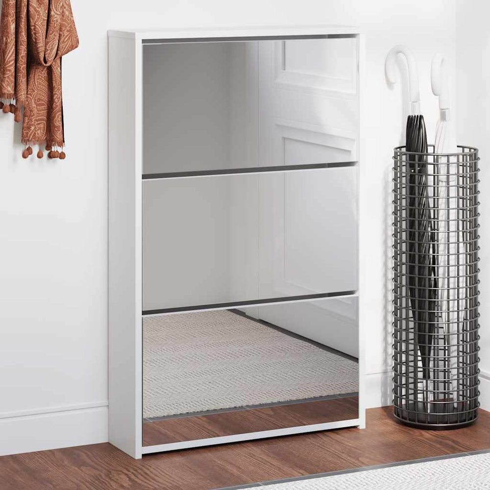 vidaXL Shoe Cabinet with 3 Compartments Mirror White 63x17x102.5 cm