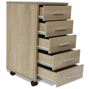 vidaXL Rolling Office Drawer Cabinet 5 Drawers Oak