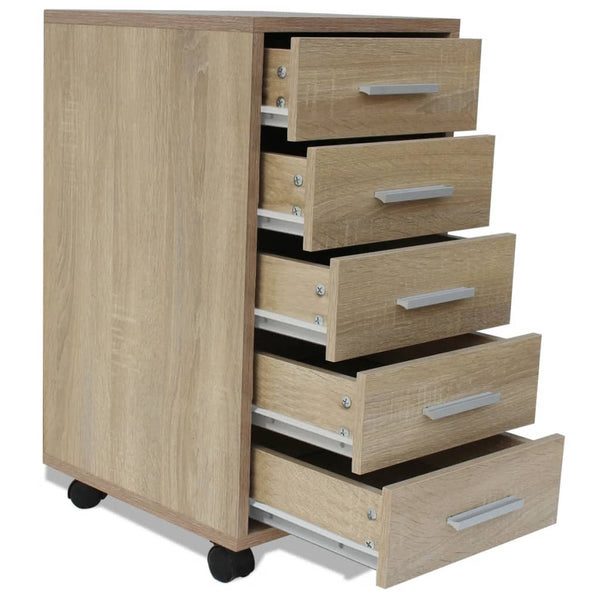 vidaXL Rolling Office Drawer Cabinet 5 Drawers Oak