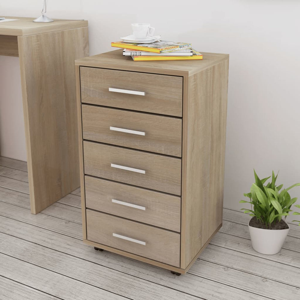 vidaXL Rolling Office Drawer Cabinet 5 Drawers Oak