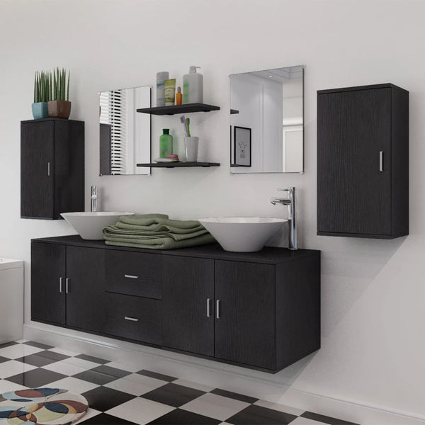 vidaXL 11-Piece Bathroom Furniture Set with Sink and Faucet Black