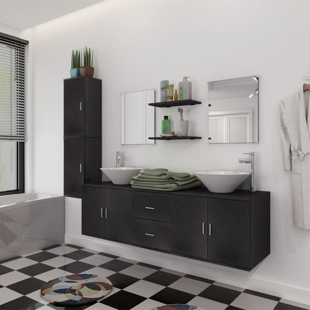 vidaXL 11-Piece Bathroom Furniture Set with Sink and Faucet Black