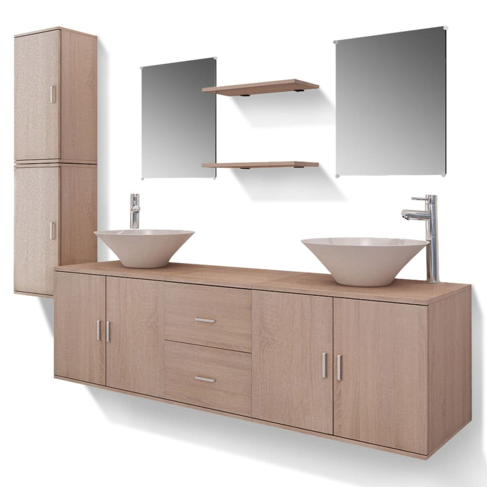vidaXL 11-Piece Bathroom Furniture Set with Sink and Faucet Beige