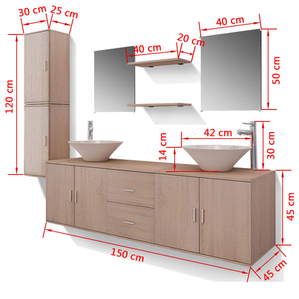 vidaXL 11-Piece Bathroom Furniture Set with Sink and Faucet Beige