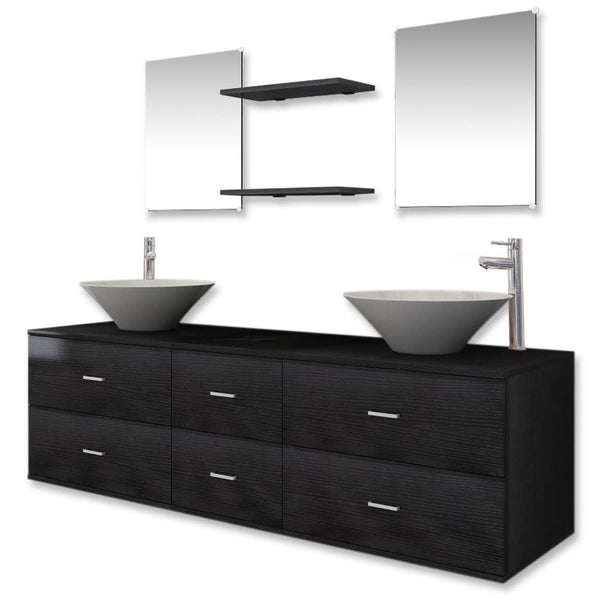 vidaXL 9-piece Bathroom Furniture Set with Sink and Faucet Black