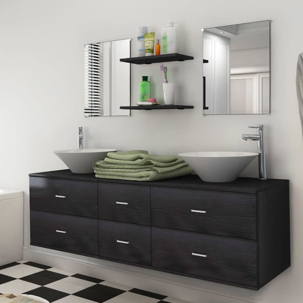 vidaXL 9-piece Bathroom Furniture Set with Sink and Faucet Black