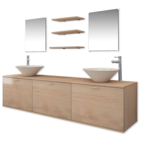 vidaXL 10-piece Bathroom Furniture Set with Sink and Faucet Beige
