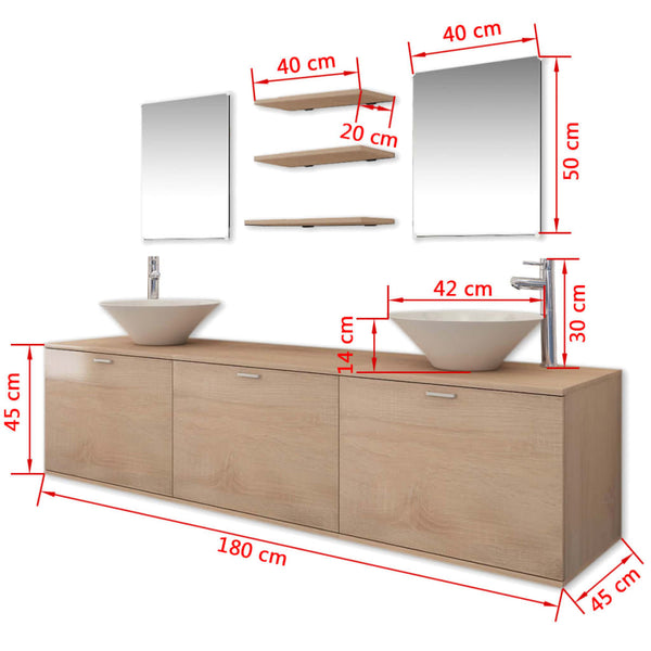 vidaXL 10-piece Bathroom Furniture Set with Sink and Faucet Beige