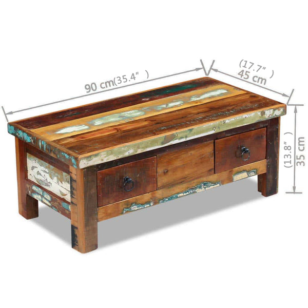 vidaXL Coffee Table with Drawers Solid Reclaimed Wood 90x45x35 cm