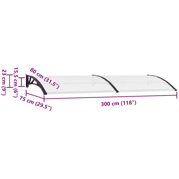 vidaXL Door Canopy Black and Transparent 300x75 cm PC