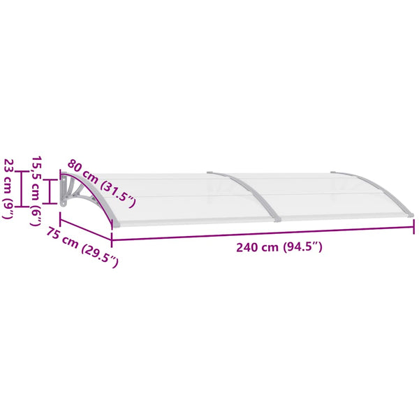 vidaXL Door Awning Grey and Transparent 240x75 cm PC