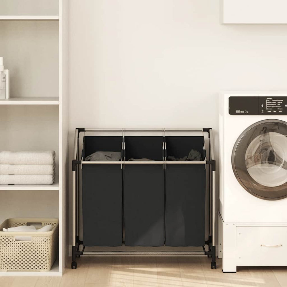 vidaXL 3-Bag Laundry Hamper Black Steel