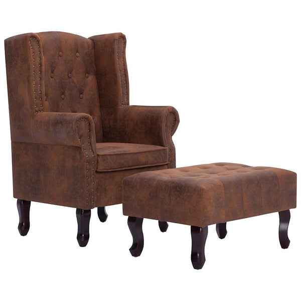 vidaXL Chesterfield Armchair and Footstool Brown Suede Look