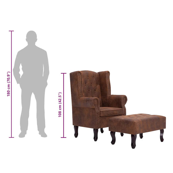 vidaXL Chesterfield Armchair and Footstool Brown Suede Look